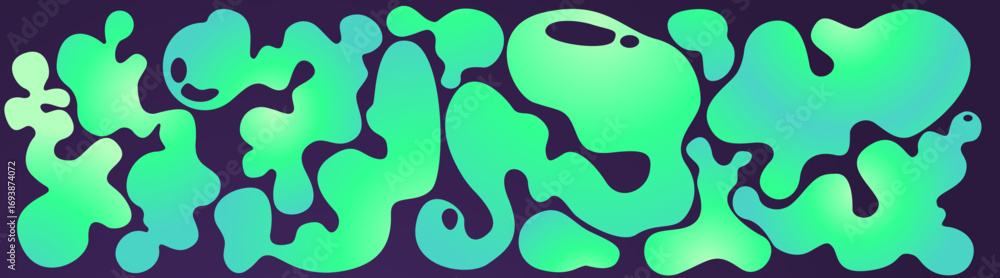 Poster vibrant funky liquid shape collection with gradient green and blue tones - organic flowing blobs and
