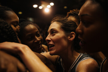 Close-up of determined female basketball players huddling together during an intense game moment