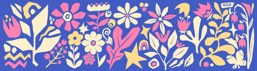 Playful boho organic cut out design with flowers, leaves and abstract shapes - pastel botanical elements on blue background. Folk art style graphics for textile patterns or decorative wall art.