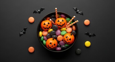Festive Halloween treats with pumpkin decorations and colorful candy on black background