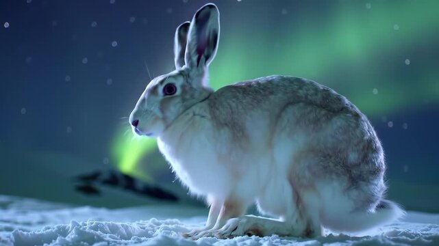 Arctic hare sits in snowy landscape under green Northern Lights, winter wonderland scenery with wild animal, wildlife, and beautiful aurora borealis display.