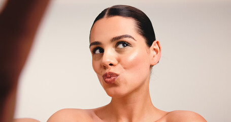 Skincare, selfie and woman with pout, studio and pride for healthy skin, beauty and profile...