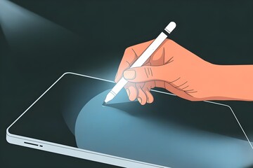 Hand with stylus writing formulas and diagrams on digital board with minimal modern education interface background