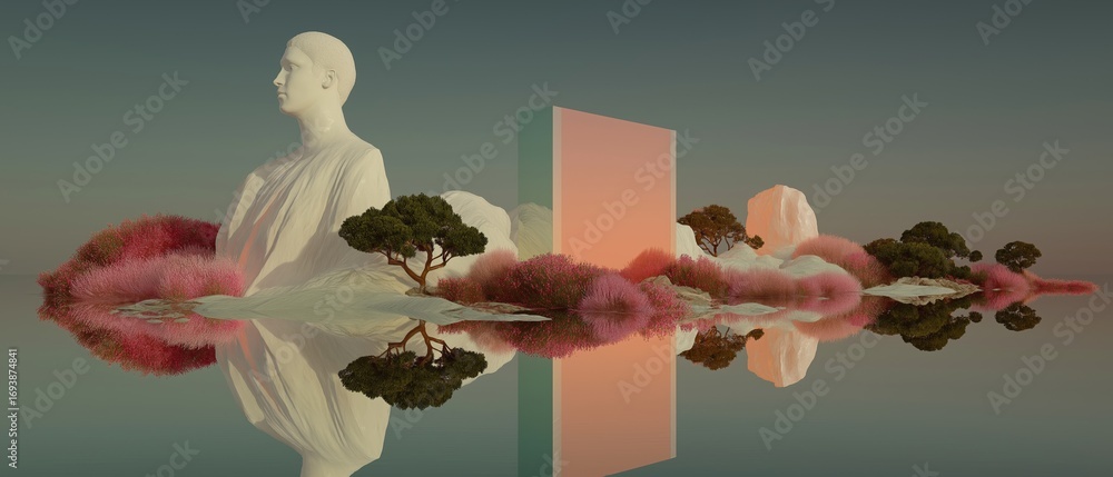 Poster digital art piece that appears to be a representation of a landscape. it features a white statue of 
