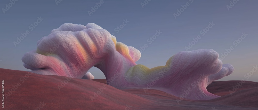Poster digital art piece that appears to be a 3d rendering of a landscape. the background is a deep blue sk