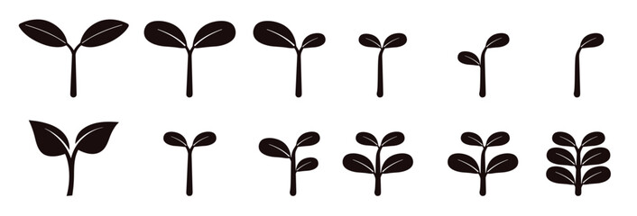 Seedling Icon Set – New Sprout Silhouettes symbolizing new growth, agriculture, gardening, and ecological sustainability.