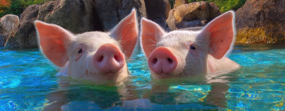 The pigs swimming together in turquoise tropical water near rocky island shoreline