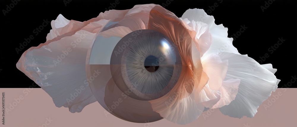 Poster 3d rendering of an eye. the eye is in the center of the image and is surrounded by a pink and white 
