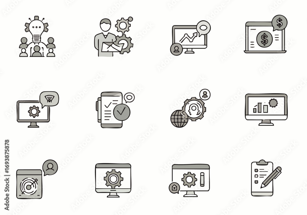 Poster a comprehensive collection of hand-drawn monochrome icons illustrating various business, technology,