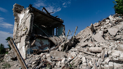 ruined street and destroyed houses the city Kiev war in Ukraine