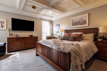 Fototapeta premium Classic and modern blend in transitional bedroom with integrated wall-mounted TV