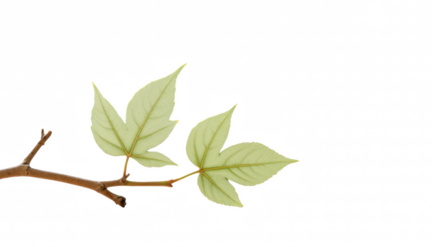 Green leaves on branch against white background  