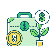 Investment Growth Concept with Briefcase, Money, and Plant on Black Background