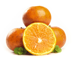 Fresh Orange Citrus Fruit Cut in Half with Mint Leaves on White Background