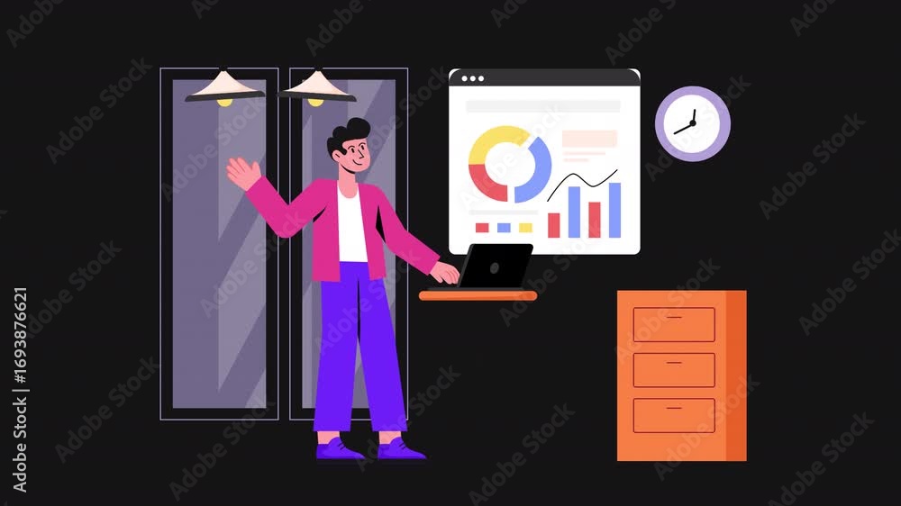Poster employee doing web analytics 2d motion graphics animation alpha channel