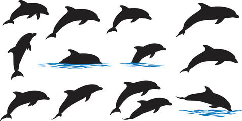 Dolphin silhouettes jumping, swimming, leaping in ocean, marine animal vector icons, sea life graphics