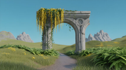 Fototapeta premium Ancient stone archway covered in lush greenery stands majestically in a serene, rolling landscape under a clear blue sky.