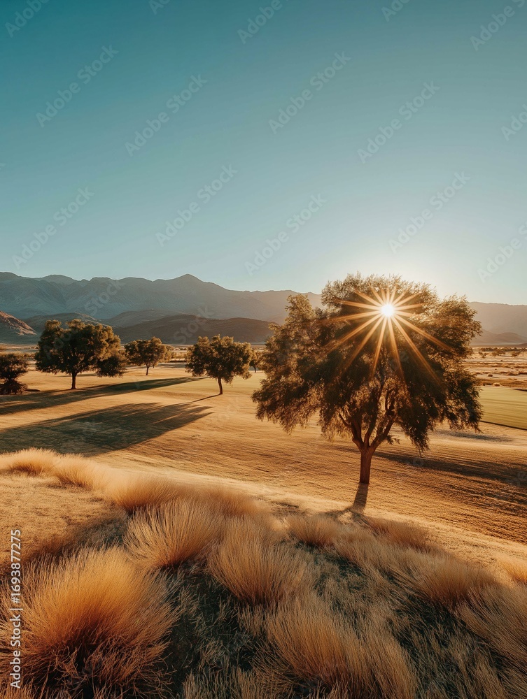 Poster landscape photograph of a vast open field with a single tree in the center. the field is covered in 