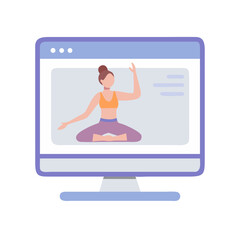 Online yoga class on computer screen showcasing healthy lifestyle and virtual fitness lessons