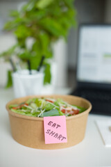 Smart Eating Concept Salad Bowl with Sticker on Desk
