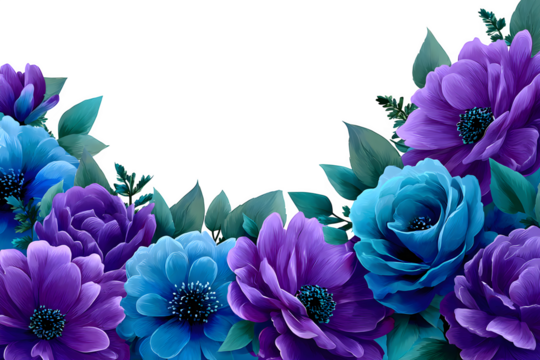 Modern fresh blue and lavender watercolor florals with green leaves forming bottom border, a smart choice for infographics. Isolated to transparent background