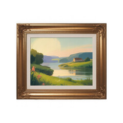 Oil painting of a serene landscape with a river and distant house isolated on transparent background