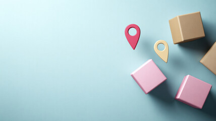 Top-down shot of location pointers with colorful boxes over a light blue background. This vibrant visual communicates concepts of navigation, delivery, and destination