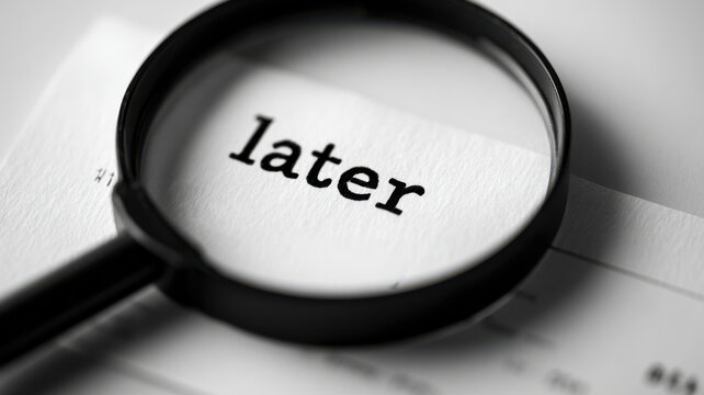 A magnifying glass over the word later on a document, suggesting an evaluation and procrastination
