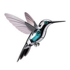 Futuristic metallic hummingbird with iridescent green accents flying isolated on transparent background