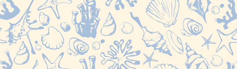 Nautical bg with boho shell seamless pattern for textile design - blue starfish, scallops and coral elements. Marine life motifs with seaweed and bubbles for beach themed decoration or fabric.