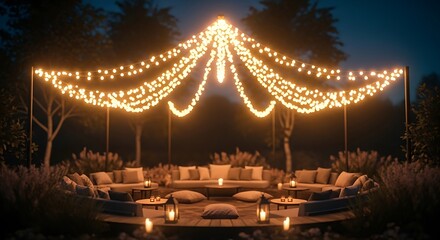 Elegant outdoor dinner under canopy lights