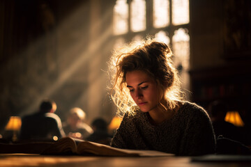 Young woman deeply focused on reading a book in a warmly lit historic library with dramatic sunlight streaming through tall windows