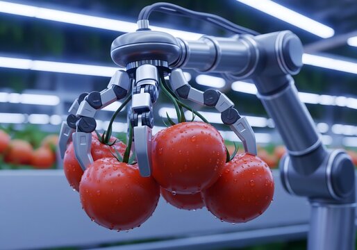 Futuristic robotic arm harvesting fresh tomatoes in smart greenhouse with advanced agriculture technology symbolizing automation, innovation, food production, and sustainable farming