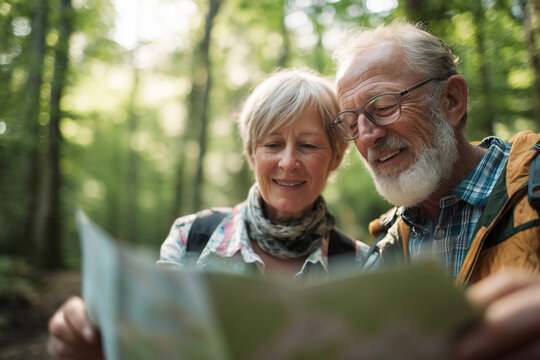 Happy senior couple exploring nature and reading a map while hiking in a sunlit forest on an outdoor adventure