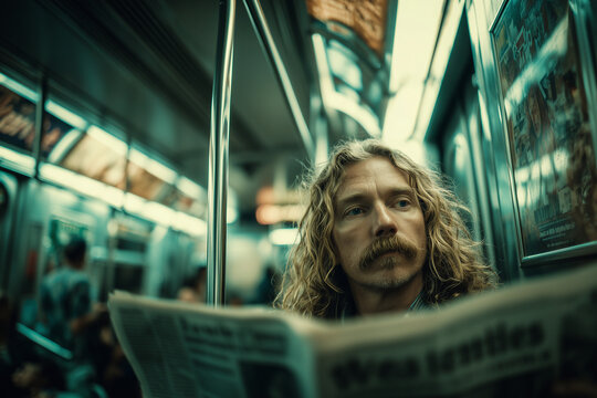 Man with long hair reading newspaper thoughtfully inside a subway train with blurred passengers in background