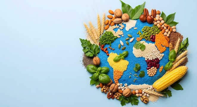 World Food Day creative earth map made of grains, seeds, nuts, corn, and fresh vegetables on blue background symbolizing global agriculture, nutrition, food security, and sustainable farming