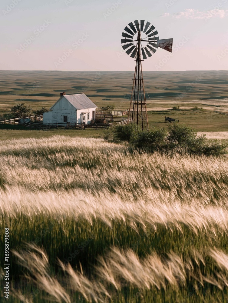 Poster windmill in the middle of a vast open field. the windmill is tall and has a black and white striped 