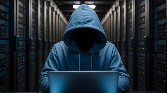 Anonymous hacker in a blue hoodie with a laptop in a dark server room