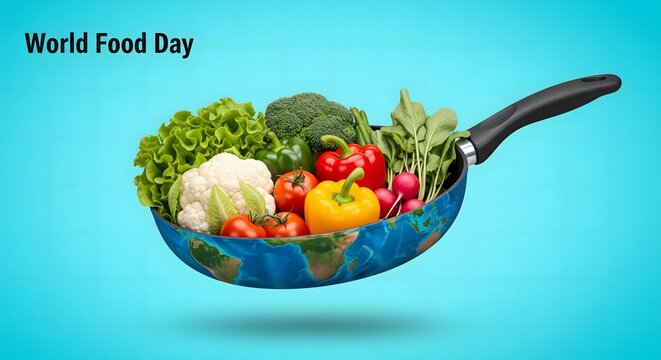 World Food Day creative concept with frying pan designed as Earth filled with fresh vegetables including cauliflower, broccoli, lettuce, and peppers symbolizing global nutrition and sustainability