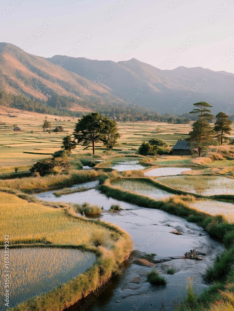 Poster landscape photograph of a beautiful rice field with a small stream running through it. the field is 