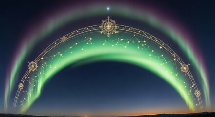 Aurora borealis arches over constellations with ornate circular designs