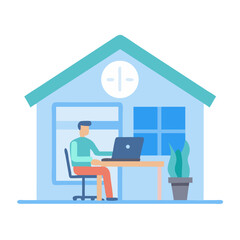 Fototapeta premium Flat illustration of remote worker in house setting working on laptop at desk