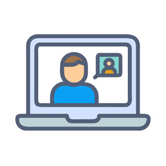 Virtual meeting on a laptop screen with person and speech bubble icon illustration