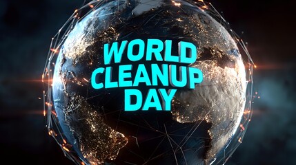 Futuristic glowing earth globe with eco network lines and bold vibrant text for "World Cleanup Day" orbiting horizon