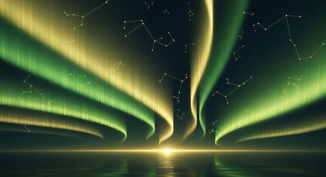 Aurora borealis with constellation overlays above a reflective water surface