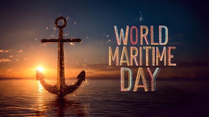 Radiant anchor glowing across sea horizon with colorful floating text for "World Maritime Day"