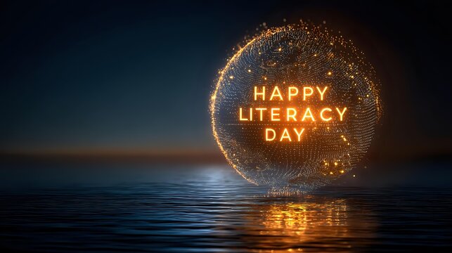 Radiant glowing globe made of alphabet letters with vibrant text for "Happy Literacy Day" circling above horizon, symbolizing global education