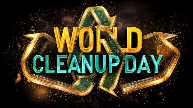 Radiant recycling arrows made of glowing light wrapping around vibrant text for "World Cleanup Day", symbol of circular eco systems
