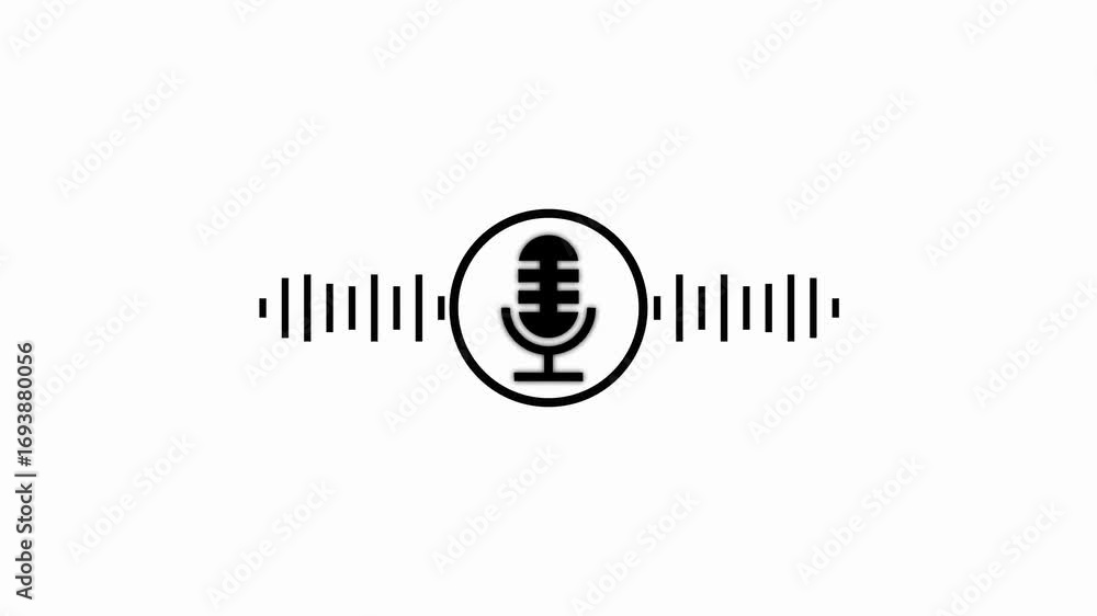 Poster animated microphone icon with sound waves on white background illustrating audio recording