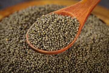 Organic Millet Grains in Wooden Spoon - Healthy Ancient Grain Superfood for Cooking and Baking